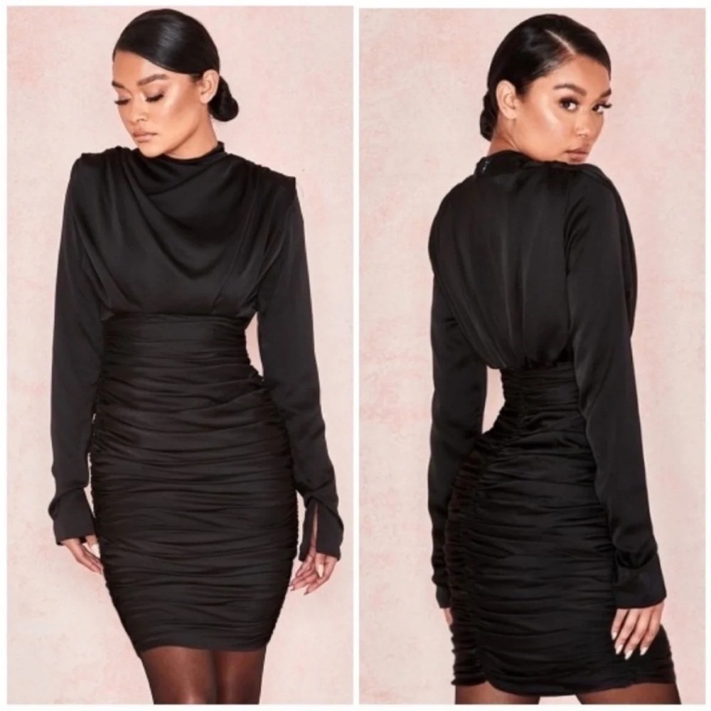 House of CB Giorgiana Satin Ruched Long Sleeve Mini Dress Black NWT